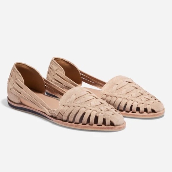 WF-0226-ALMPAIR_ANGLED_FRONT.  Nisolo Woven Leather Sandals nwot Anthropologie beige fall flats casual $140